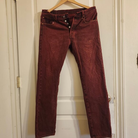 Levis 501Man's Straight Leg W32 L32 Red Denim Distressed Button Fly Jeans - Picture 8 of 9